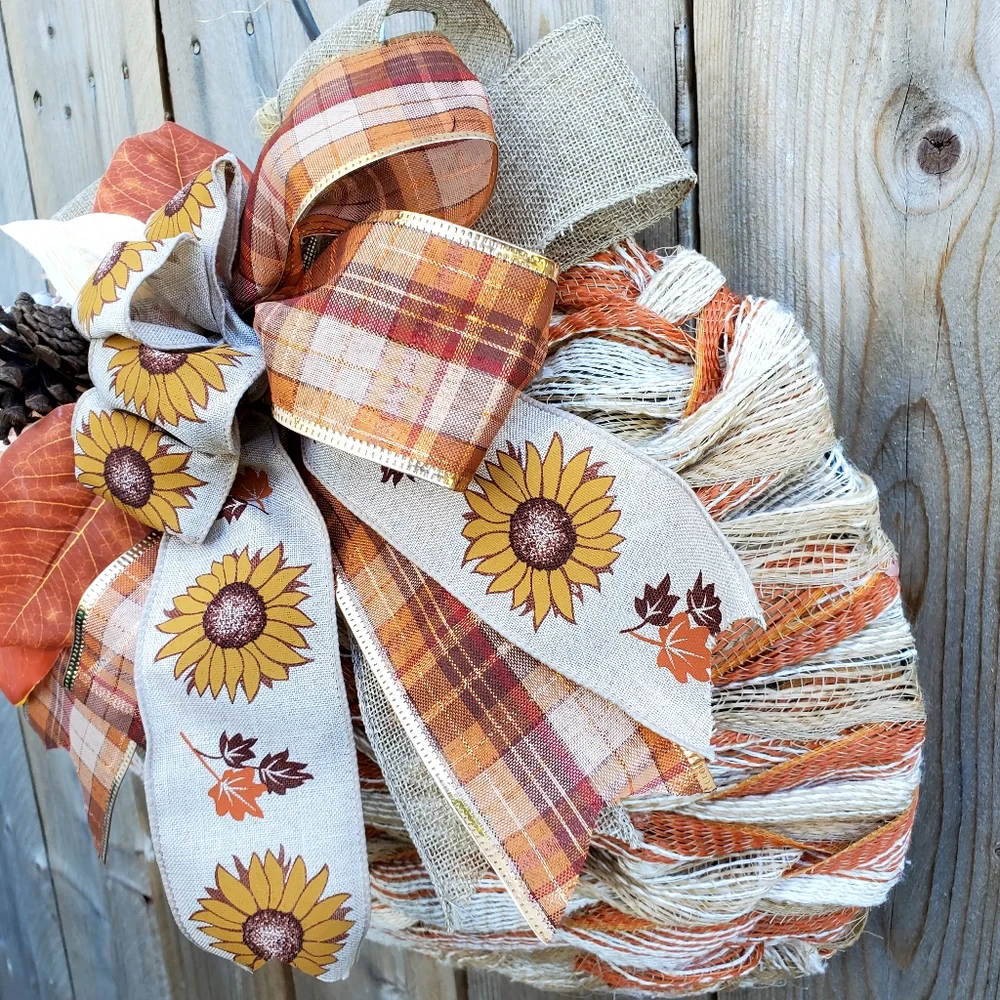 Handmade Ribbon Weaved Fall Rustic Farmhouse Hang Pumpkin
